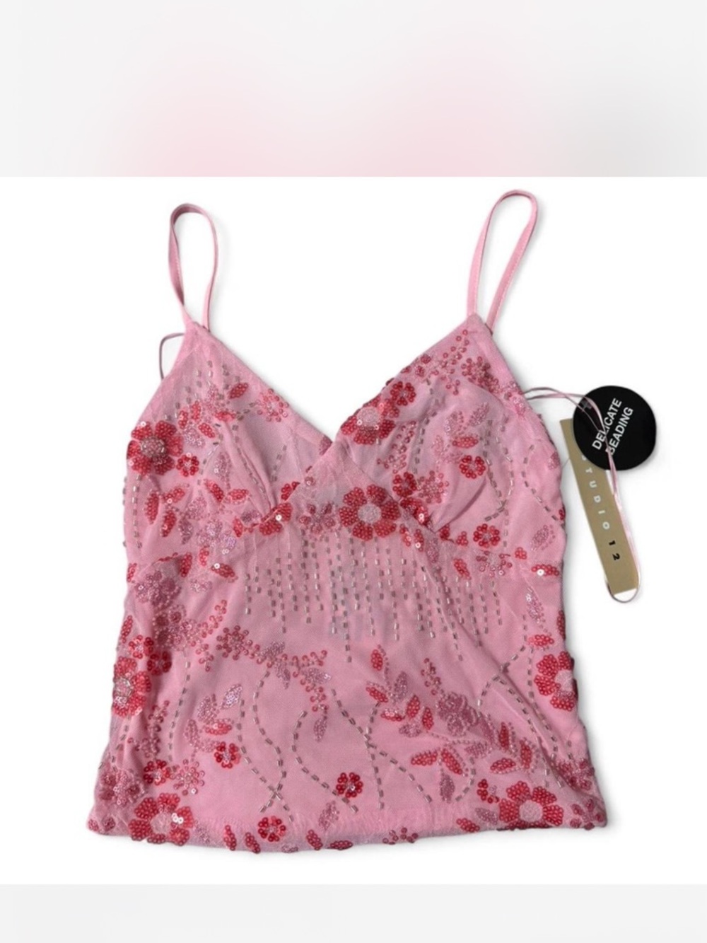 Studio Pink Satin-Look Cami with Beaded Floral Accents